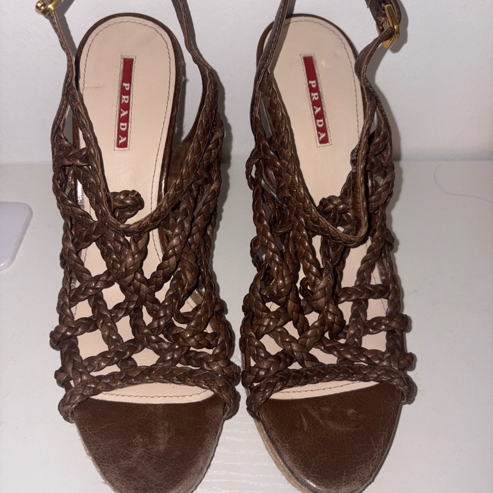 Prada Women's Brown Woven Wedges